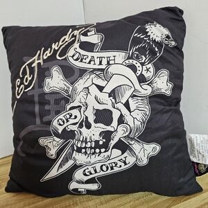 Vintage Ed Hardy Death or Glory Skull Eagle Black Throw Pillow Y2K Tattoo Art